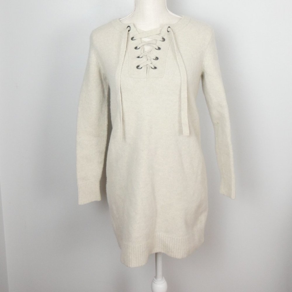 Madewell Lace Up 100% Merino Wool Knit Sweater Long Sleeve Mini Dress Medium